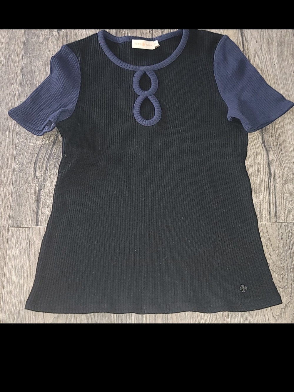 Tory Burch Black Ribbed Short Sleeve Top with Navy Trim